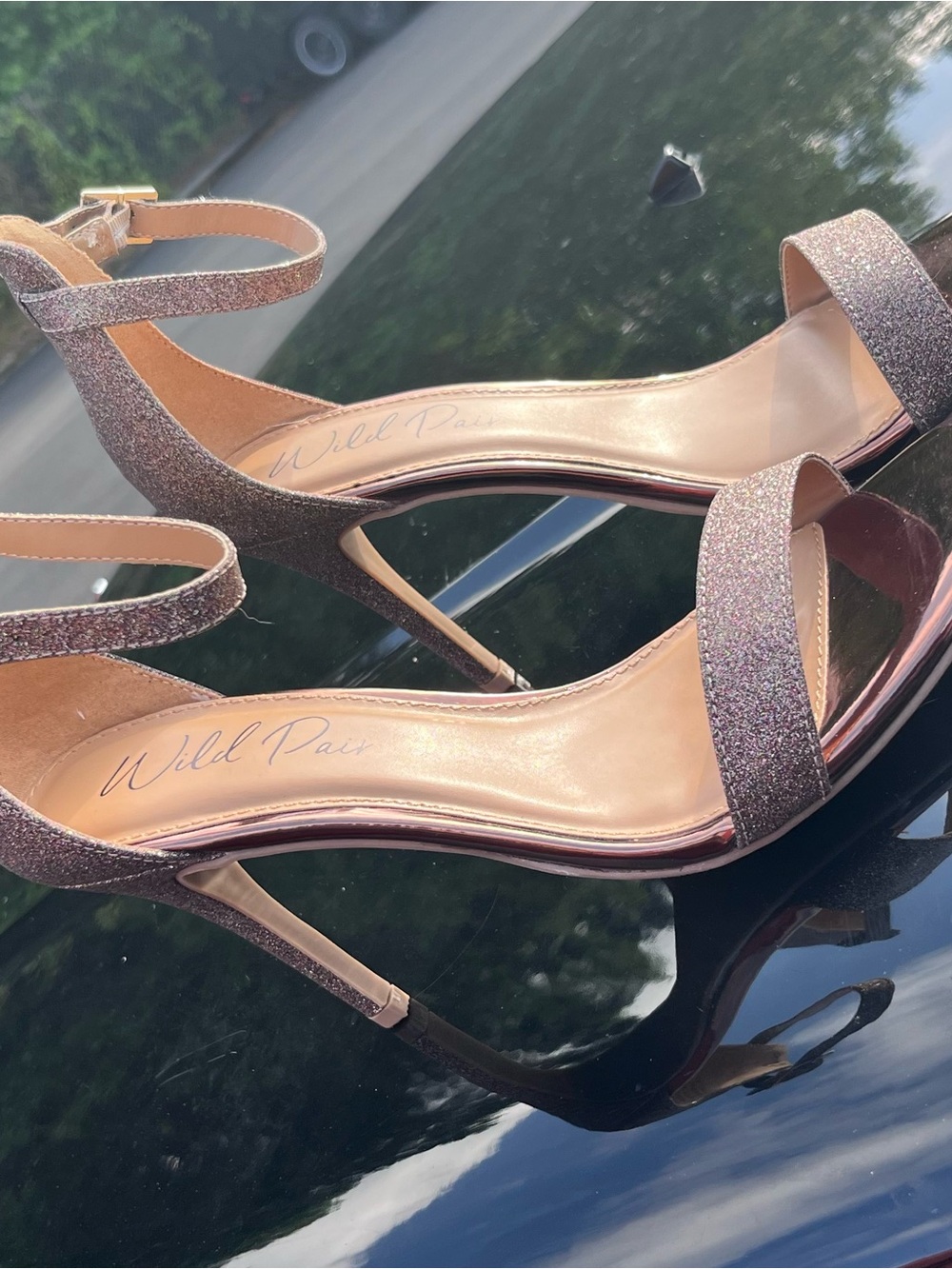 Wild Pair Rose Gold Glitter Ankle-Strap Stilettos